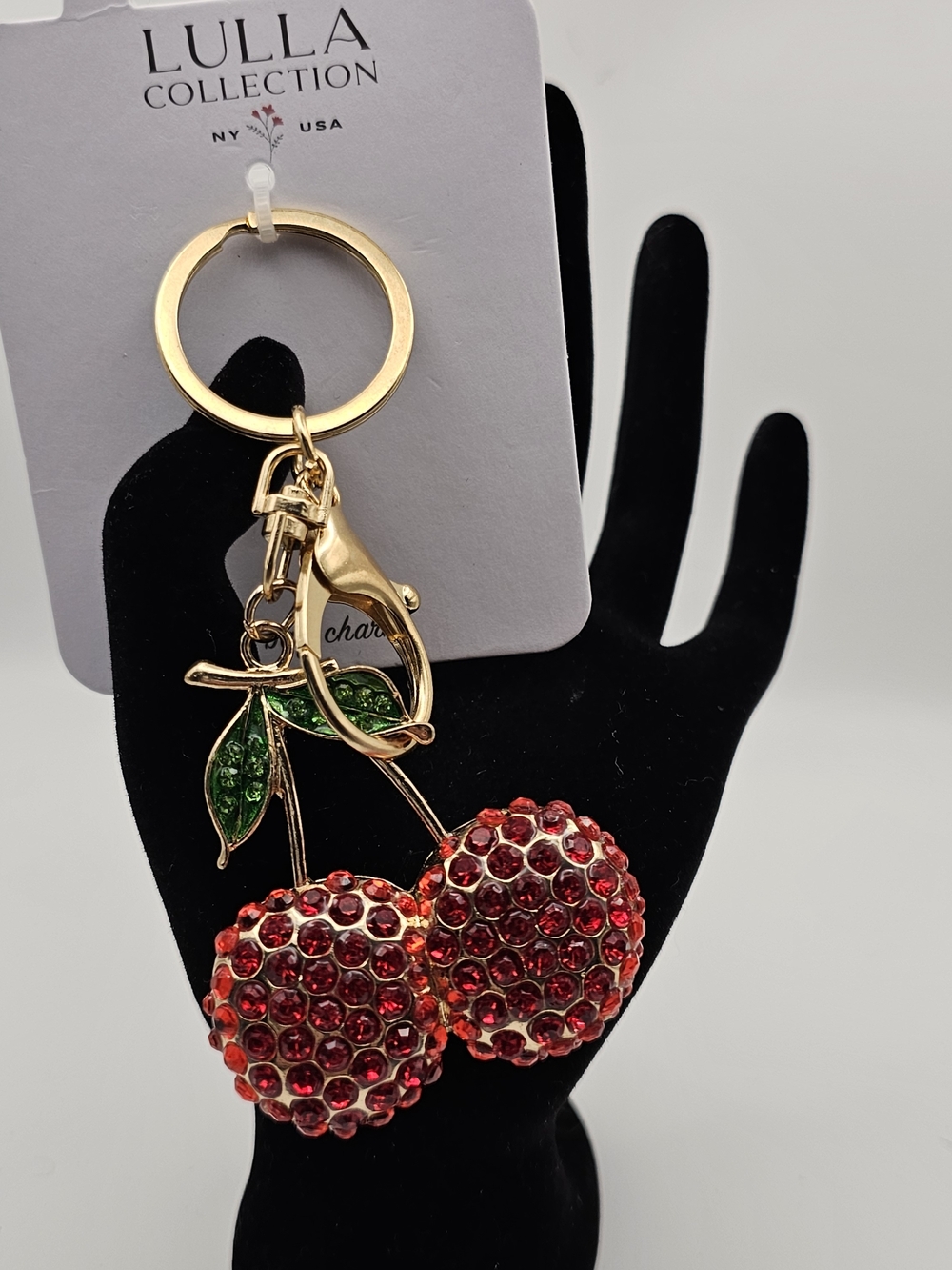 NEW Lulla Collection Red Crystal Cherry Keychain Bag Charm on Gold Plating